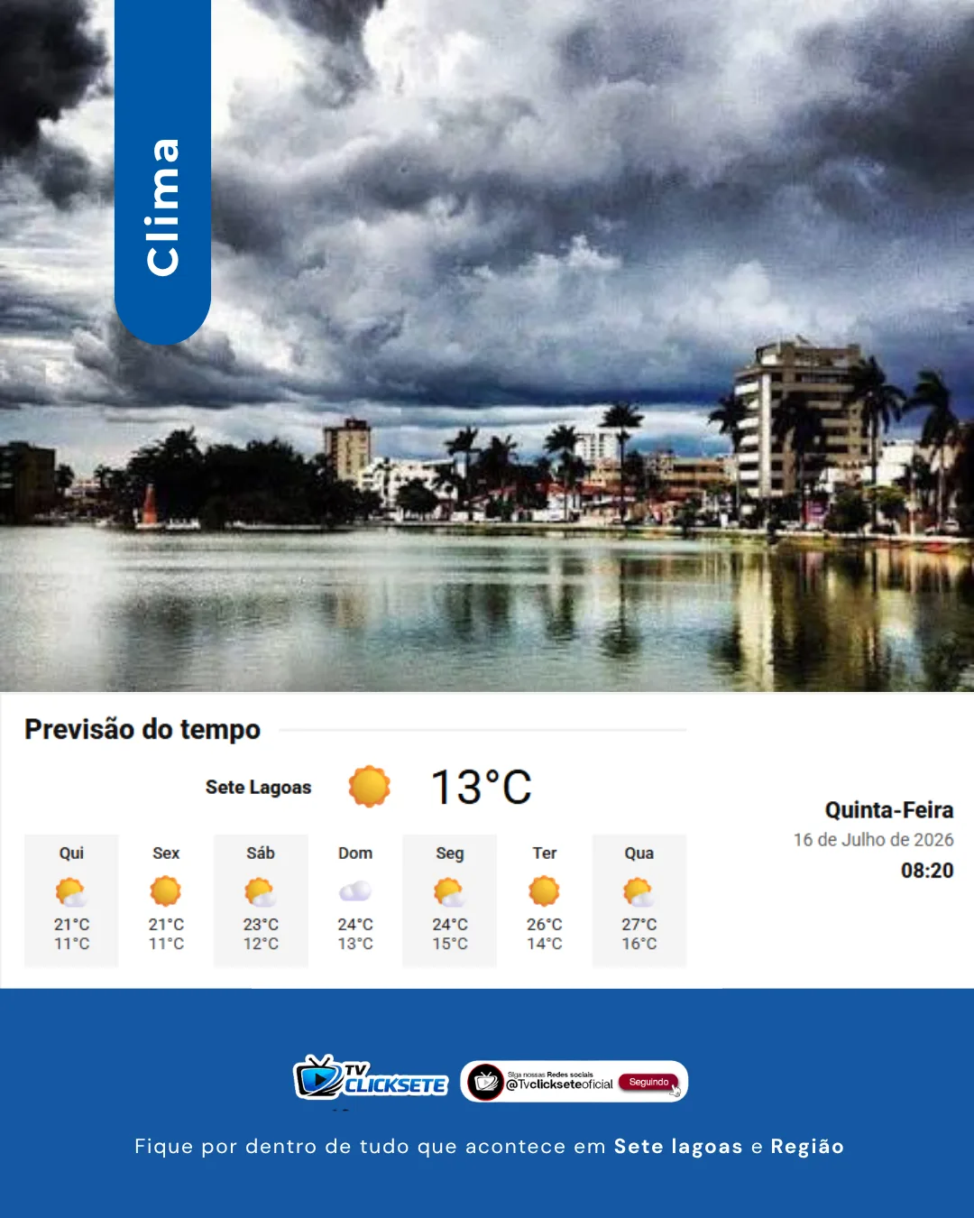 Tempo firme e frio marcam esta quinta-feira em Sete Lagoas