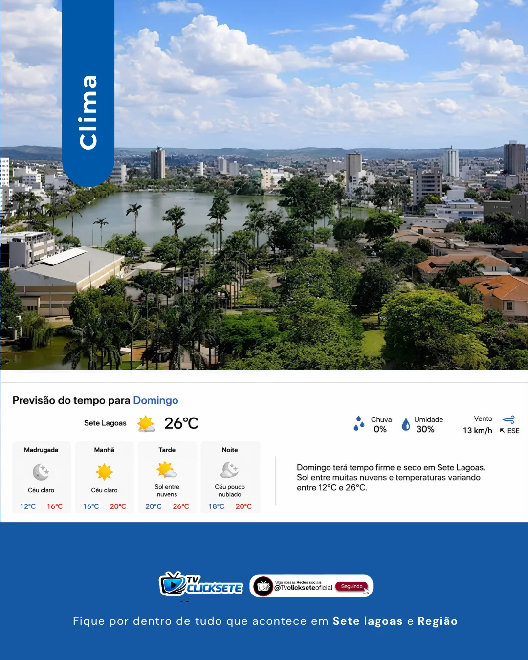Domingo terá tempo firme, manhã fria e máxima de 26°C em Sete Lagoas