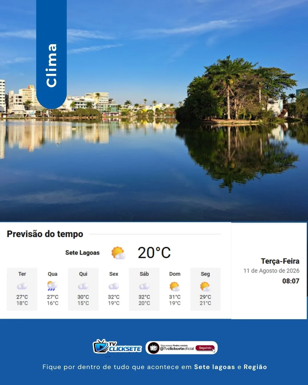 Terça-feira de sol em Sete Lagoas: máxima de 27°C e tempo seco nesta 11/8