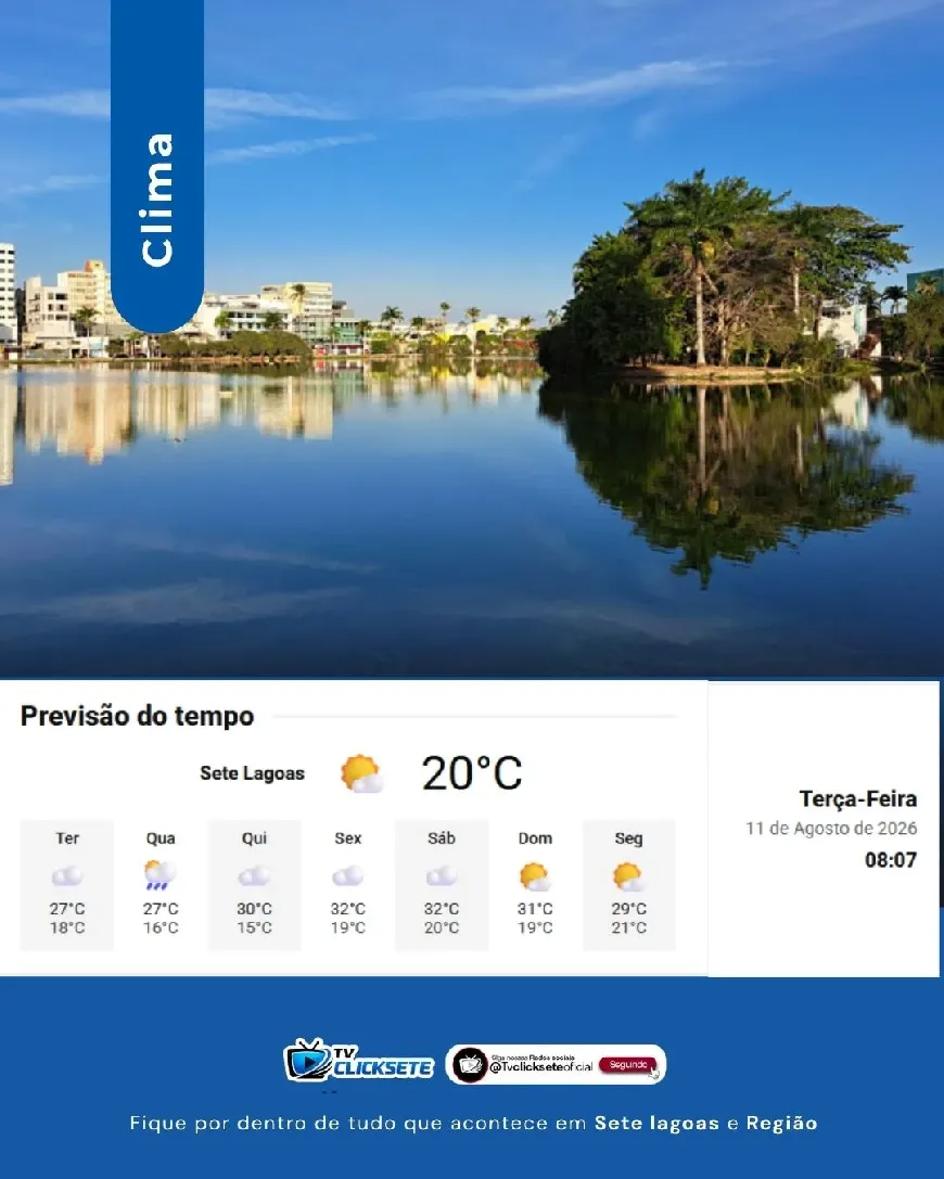 Terça-feira de sol em Sete Lagoas: máxima de 27°C e tempo seco nesta 11/8