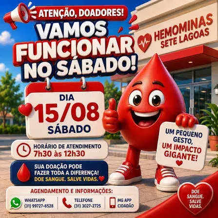 Hemominas convoca doadores em Sete Lagoas neste sábado (15)