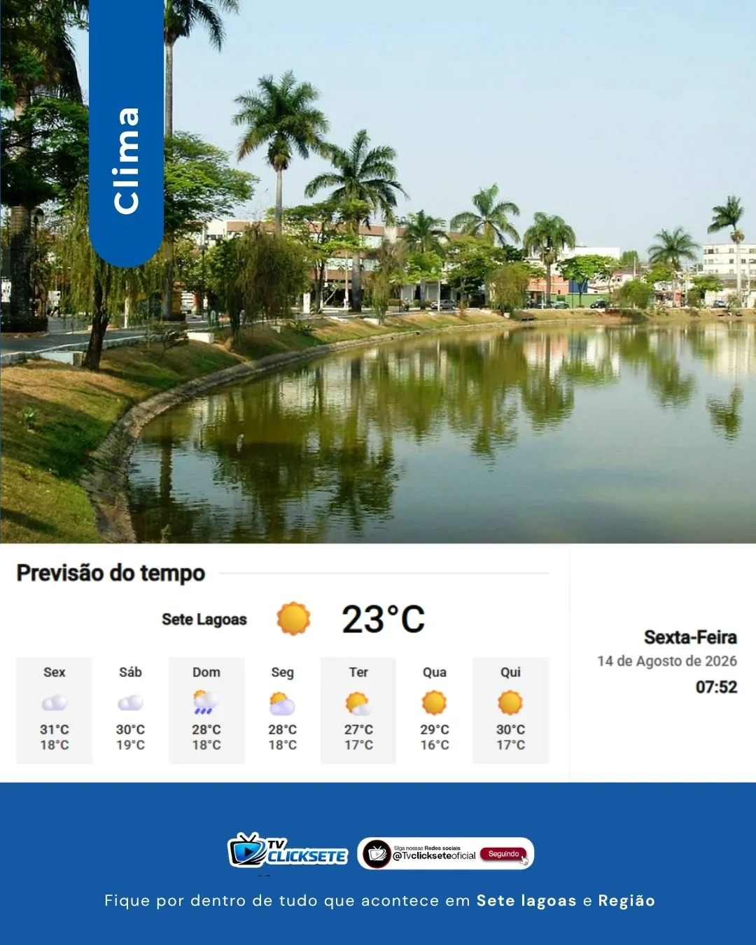 Previsão do tempo em Sete Lagoas (MG) para esta sexta-feira (14): sol e nebulosidade à tarde, sem chuva à noite