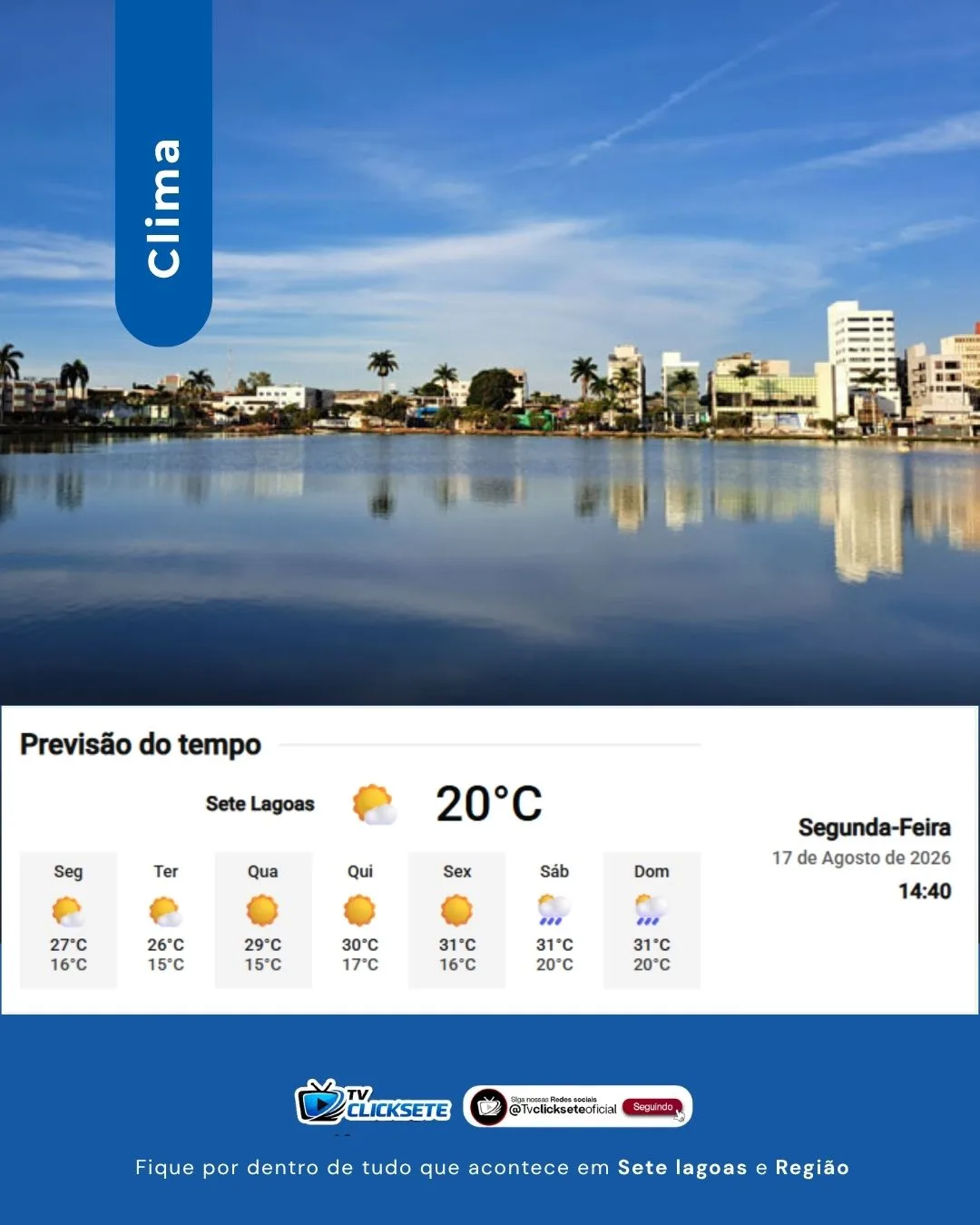 Segunda-feira (17) tem clima estável e calor moderado em Sete Lagoas