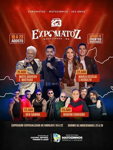 Matozinhos celebra 203 anos com shows na primeira ExpoMatoz; confira a programação completa