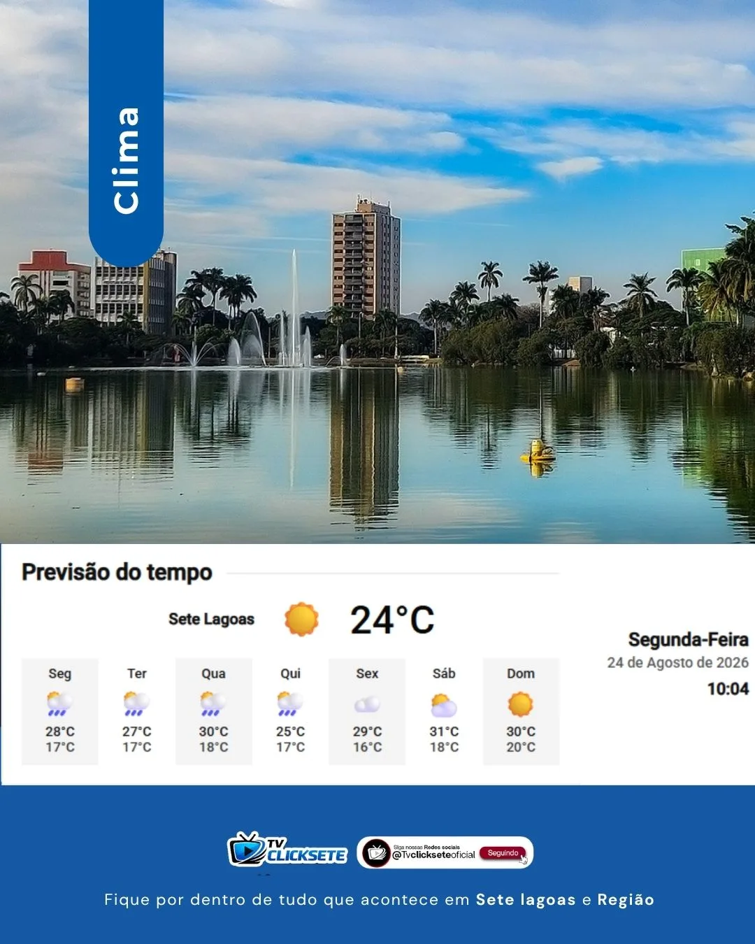 Previsão do tempo em Sete Lagoas nesta segunda-feira (24/08): sol e nuvens, com máxima de 30°C
