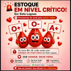 Hemominas de Sete Lagoas está com estoque crítico de sangue tipo O+, O− e A+