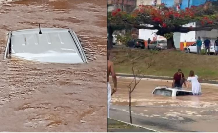 Carro cai em cratera e afunda após rompimento de adutora em avenida