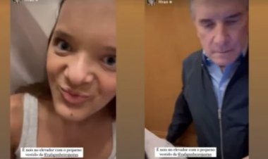 Rafa Justus, pai, irmão e cunhada se espremem em elevador com vestido de 5kg