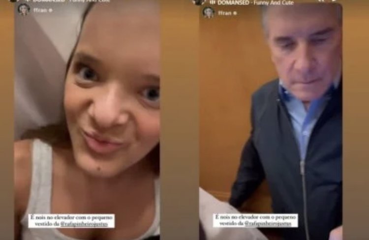 Rafa Justus, pai, irmão e cunhada se espremem em elevador com vestido de 5kg