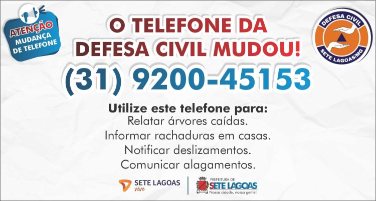 Defesa Civil de Sete Lagoas divulga novo número de contato e reforça orientações à população