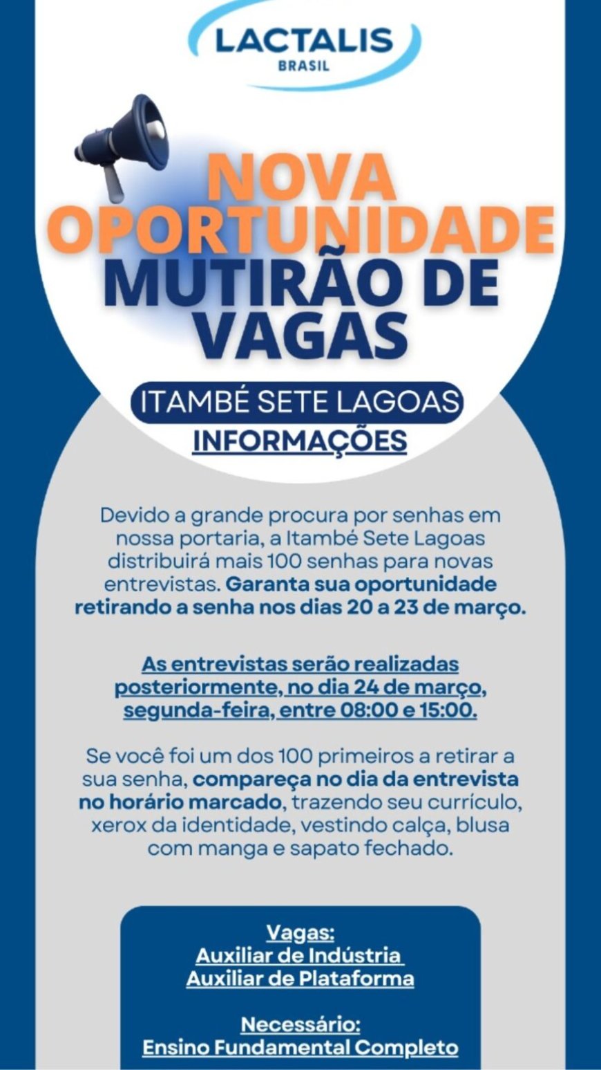 Itambé abre novo mutirão de vagas em Sete Lagoas do dia 20 a 23 de março