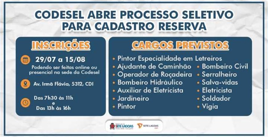 Codesel abre novo processo seletivo para 13 cargos temporários