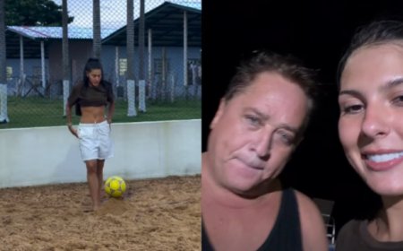 Ana Castela joga futevôlei com o ex-sogro, Leonardo, e provoca: “Como foi perder duas vezes?”