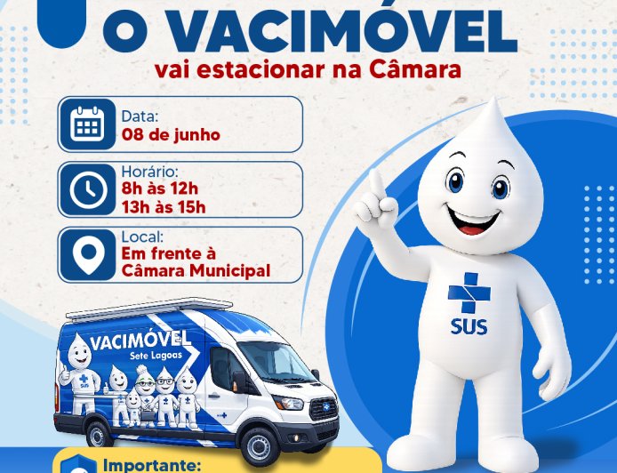 O Vacimóvel estará estacionado em frente à Câmara de Sete Lagoas, oferecendo vacinação contra a gripe para toda a população no dia 8 de junho.
