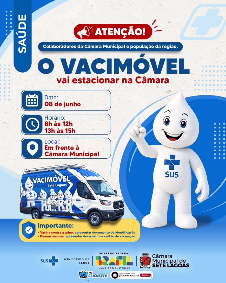 O Vacimóvel estará estacionado em frente à Câmara de Sete Lagoas, oferecendo vacinação contra a gripe para toda a população no dia 8 de junho.