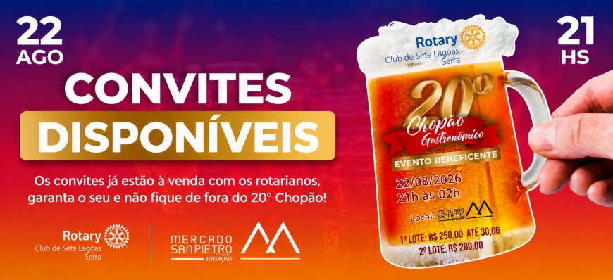 20º Chopão Gastronômico do Rotary Club Sete Lagoas Serra promete reunir sabor, solidariedade e tradição